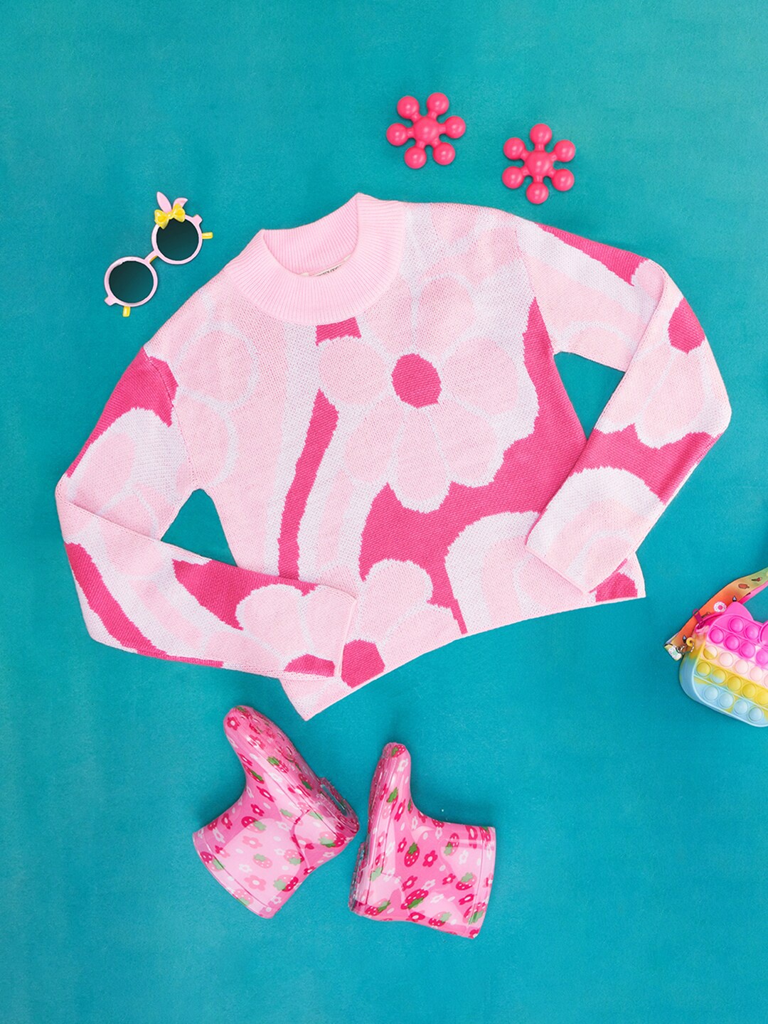 Pantaloons Junior Girls Floral Printed Acrylic Pullover, Pink