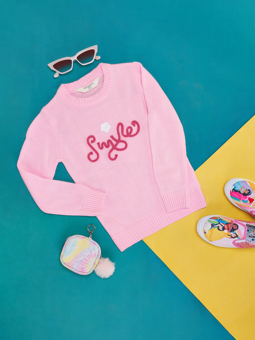 Pantaloons Junior Girls Typography Embroidered Acrylic Pullover, Pink