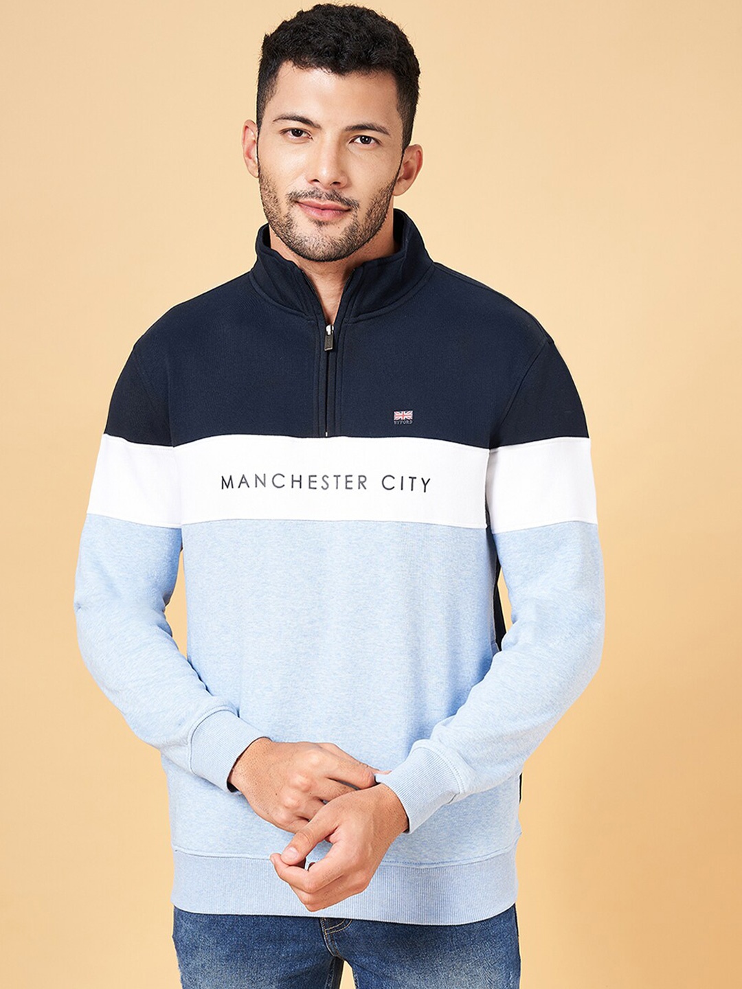 

BYFORD by Pantaloons Colourblocked High Neck Cotton Sweatshirt, Blue
