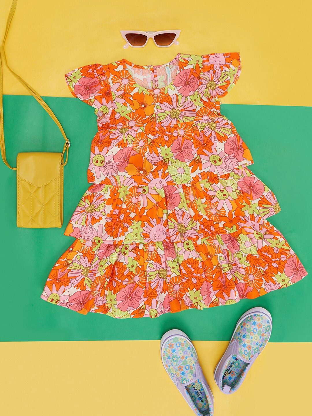 Pantaloons Junior Girls Floral Printed Cotton Top With Ruffles, Orange