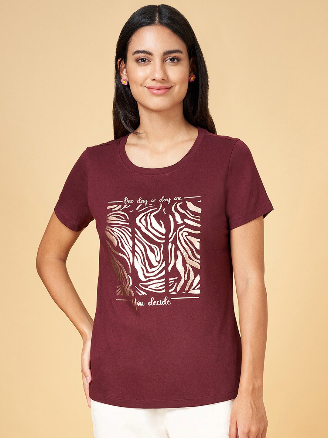 

Honey by Pantaloons Abstracted Printed Cotton T-shirt, Maroon