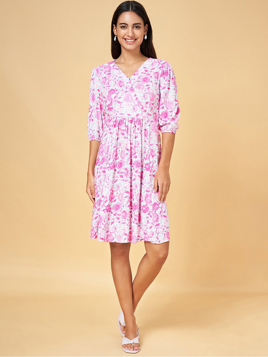 

Honey by Pantaloons Floral Printed V-Neck Fit & Flare Dress, Pink