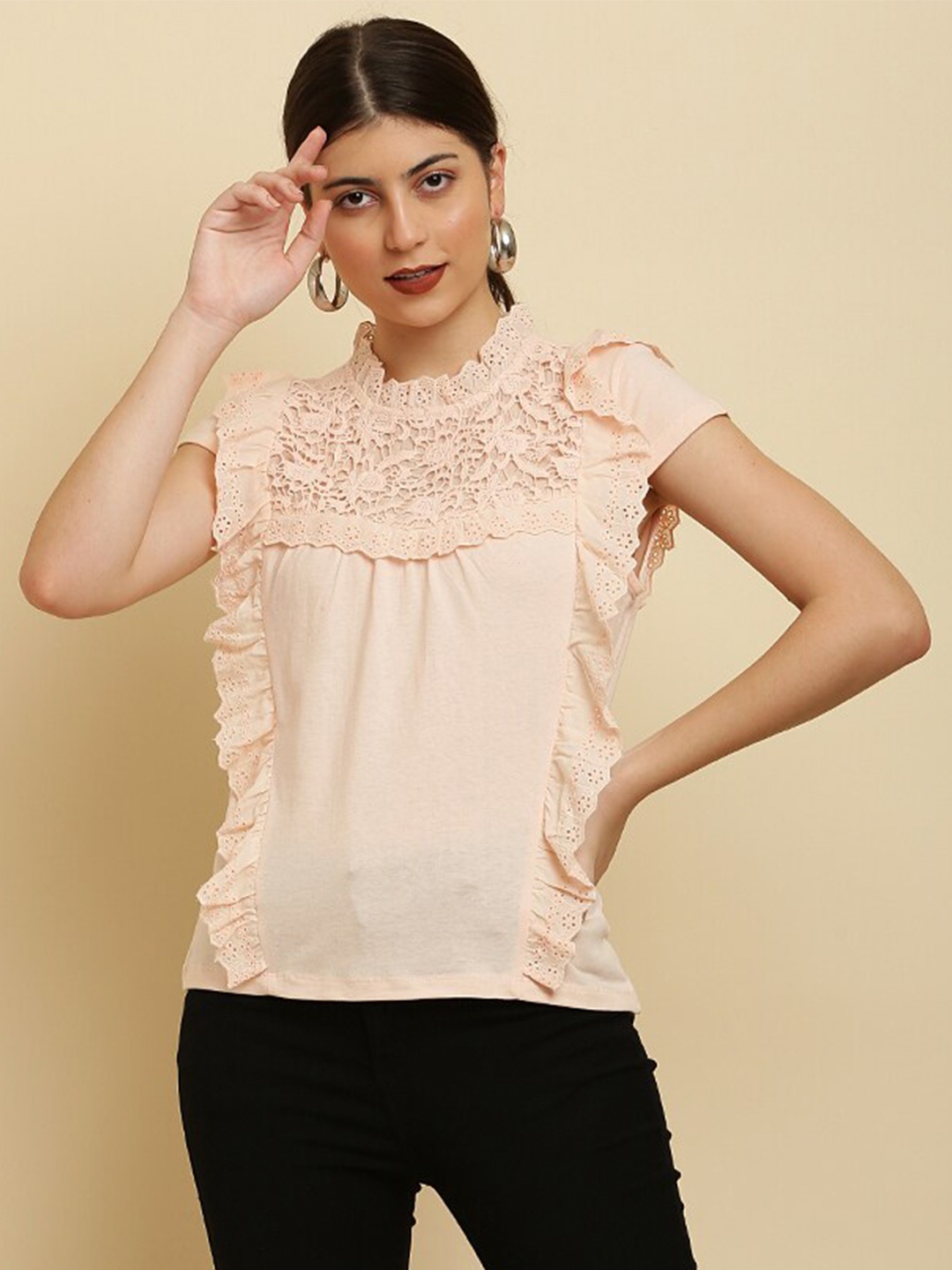 

HERE&NOW Peach-Coloured Self Design Cotton Schiffli Top