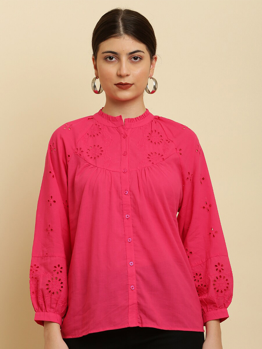 

HERE&NOW Red Cotton Schiffli Shirt Style Top, Pink