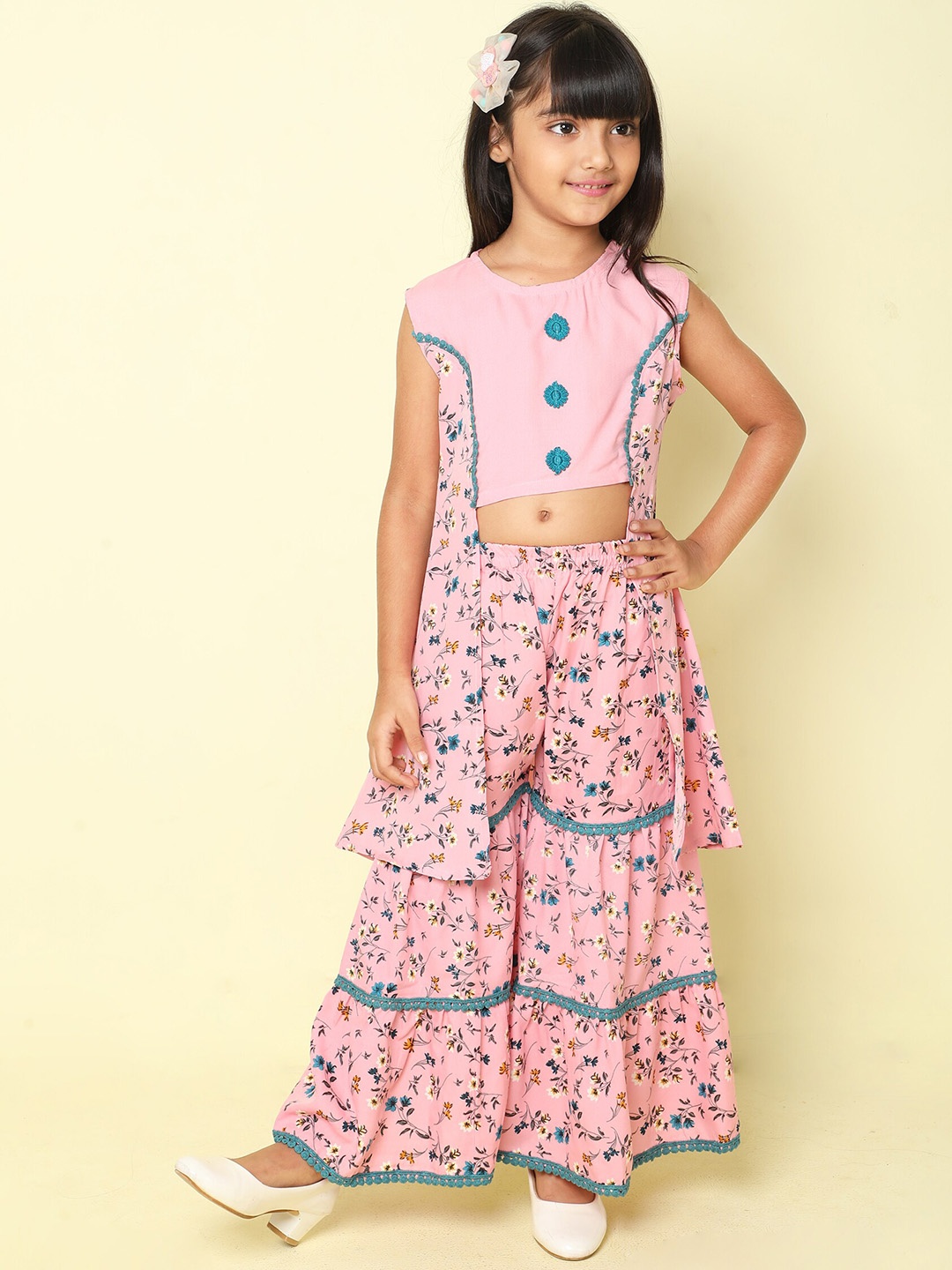 

The Magic Wand Girls Floral Printed High Slit Pure Cotton A-Line Kurta with Sharara, Pink