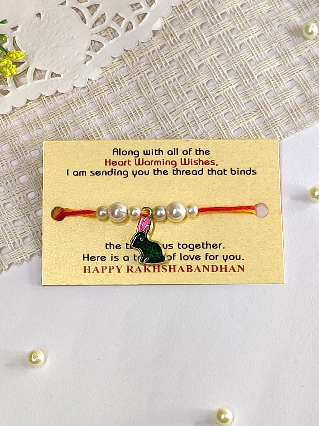 

The Magic Wand Boys Pearls Beaded Rabbit Charm Rakhi, Green