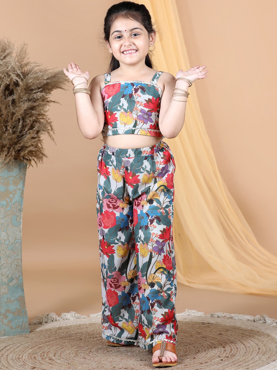 

AWW HUNNIE Girls Floral Printed Top With Palazzos Set, Turquoise blue