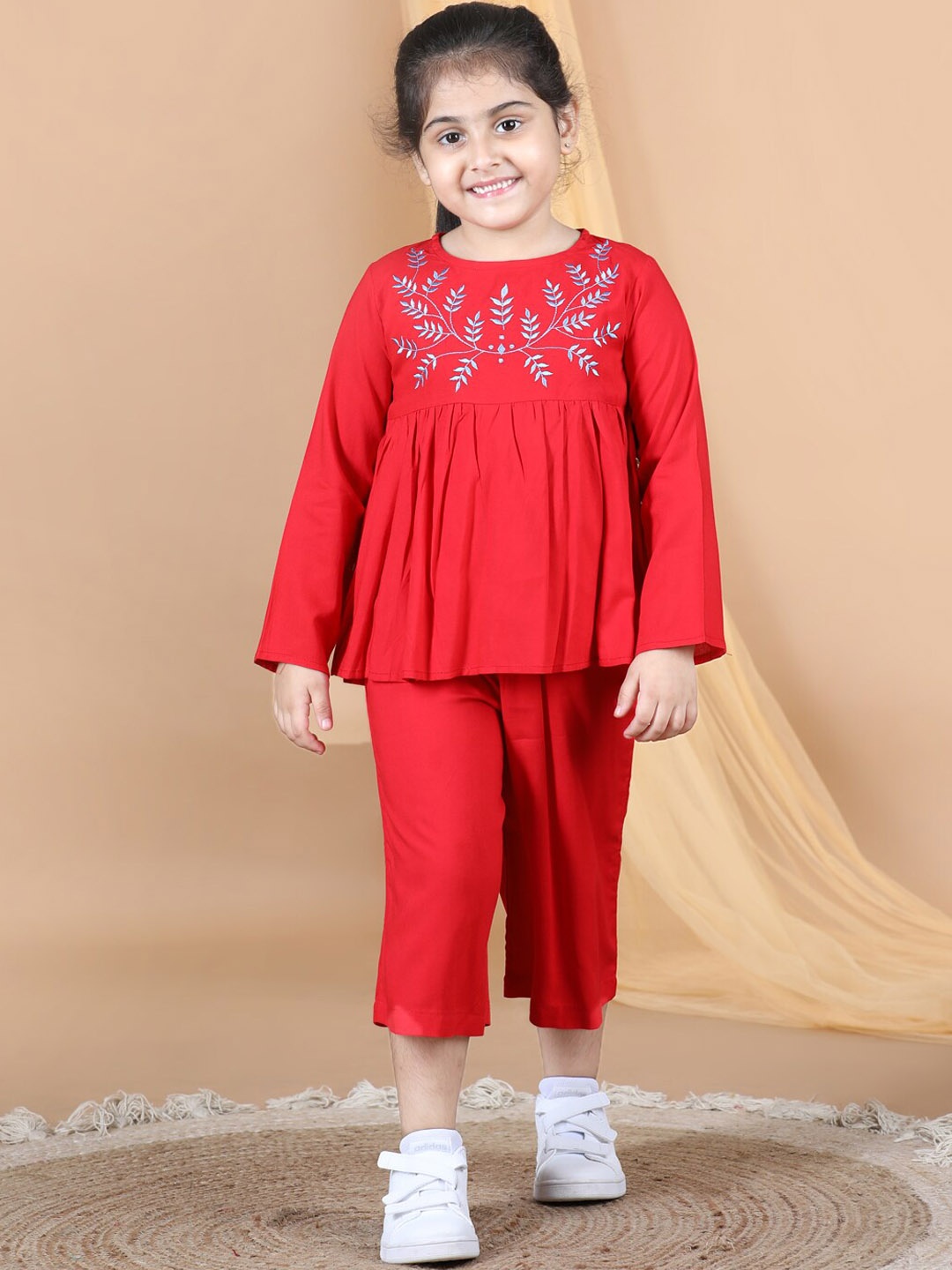 

AWW HUNNIE Girls Floral Embroidered Pure Cotton Top with Trousers, Red