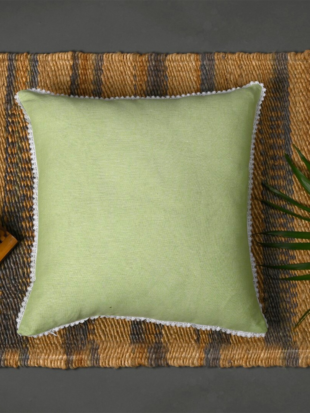 

OUSSUM Green & White Cotton Square Cushion Cover