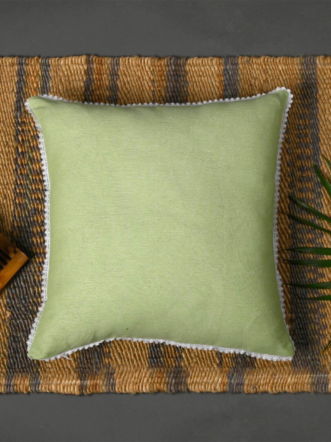 

OUSSUM Green & White Cotton Square Cushion Cover