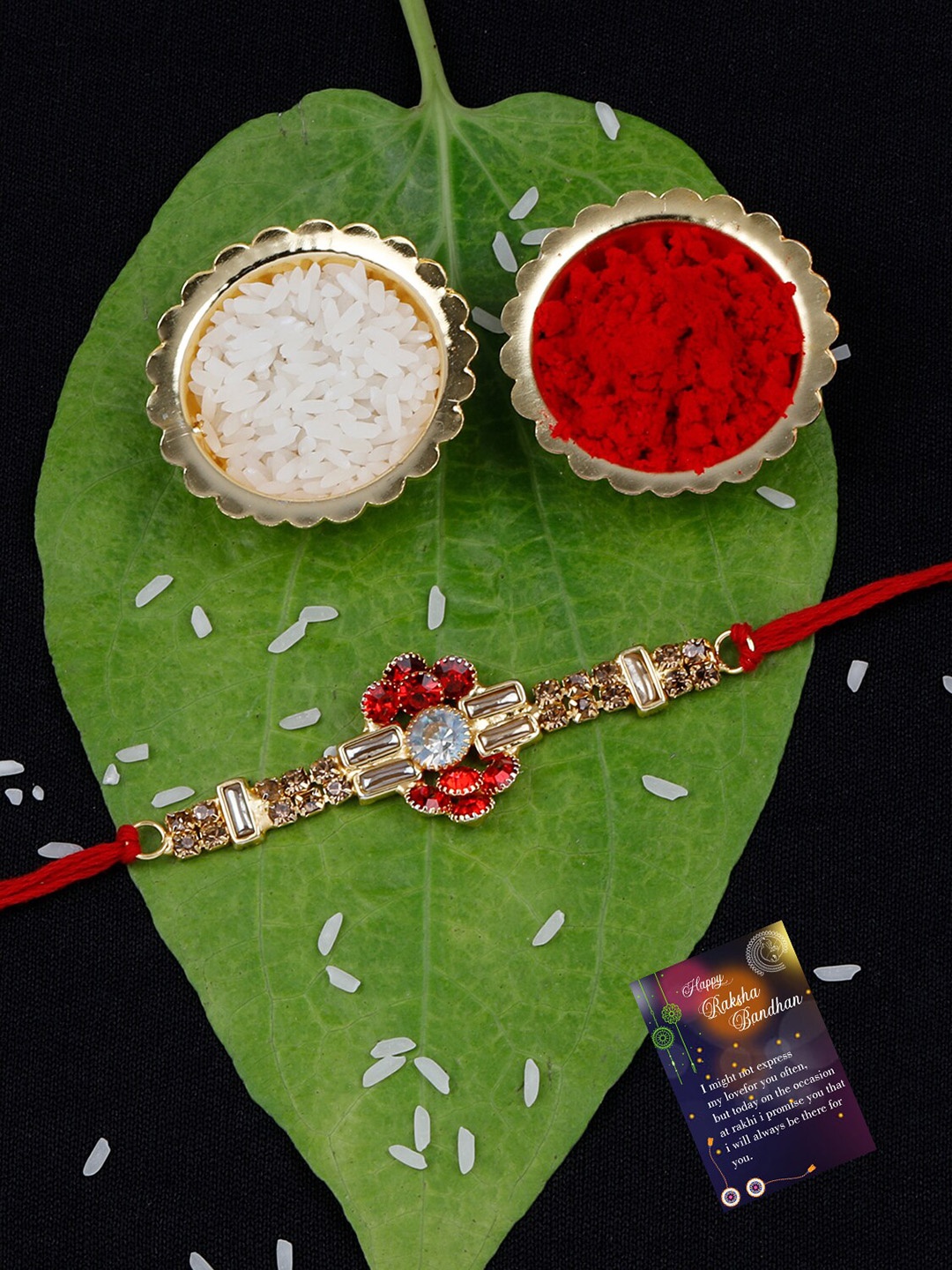 

Silver Shine Unisex Pack of 2 Rakhi With Roli Chawal & Greeting Card, Red