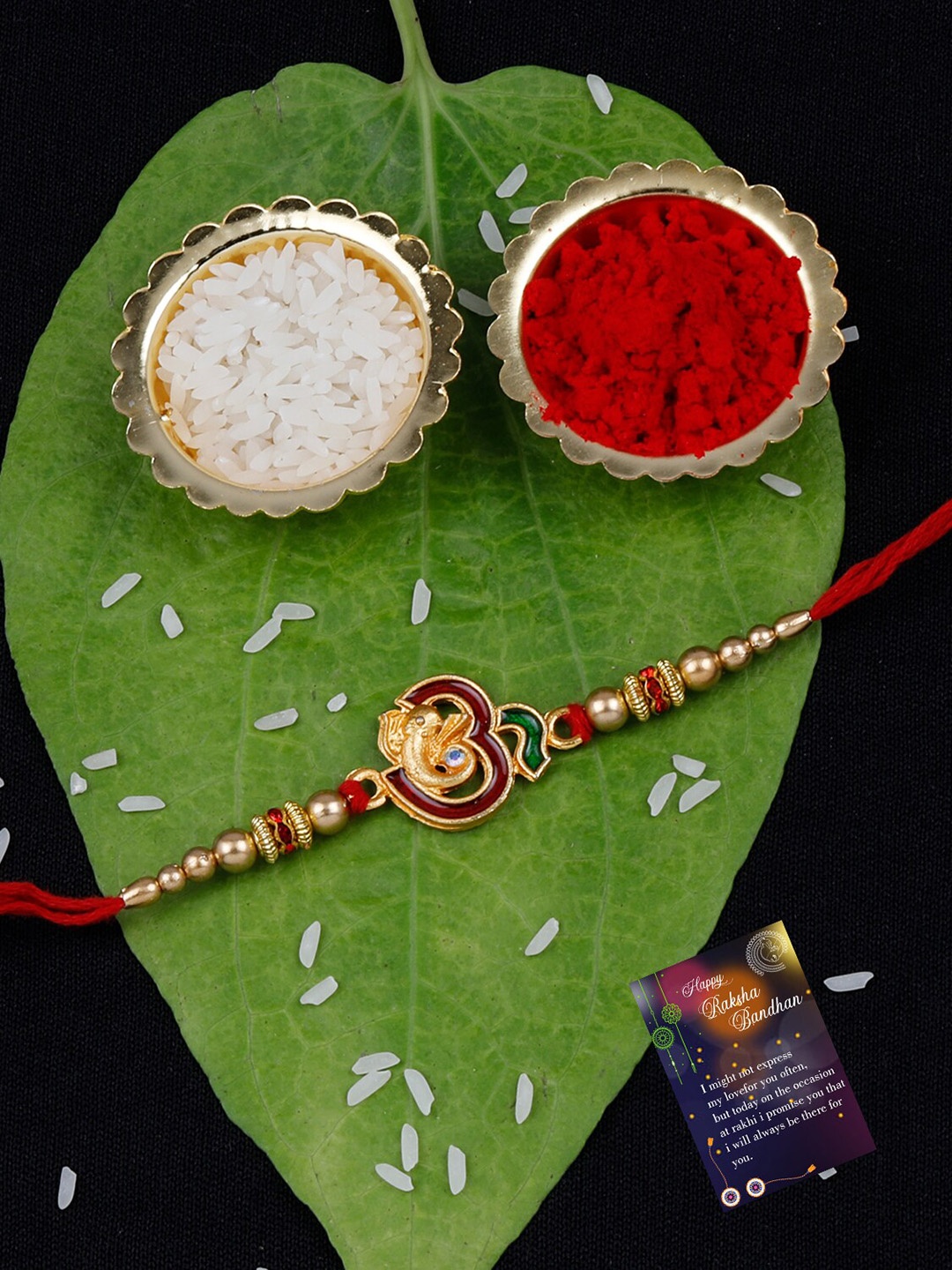 

Silver Shine Unisex Pack of 2 Rakhis With Roli Chawal & Greeting Card, Red