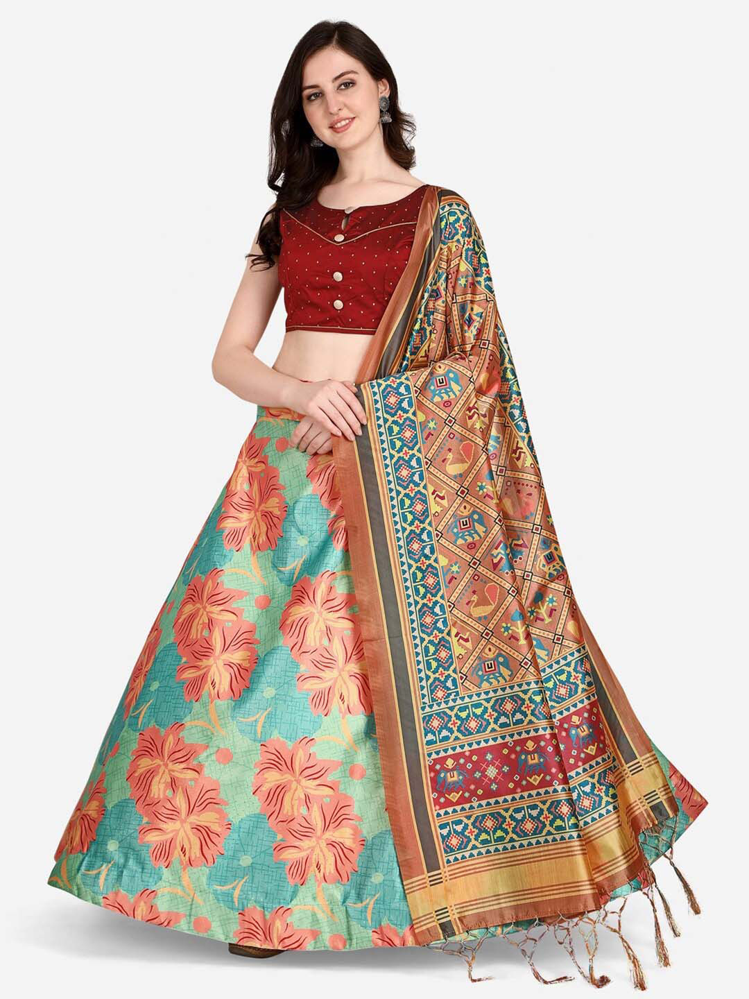 

Kaizen TEXO FAB Printed Semi-Stitched Lehenga & Unstitched Blouse With Dupatta, Peach