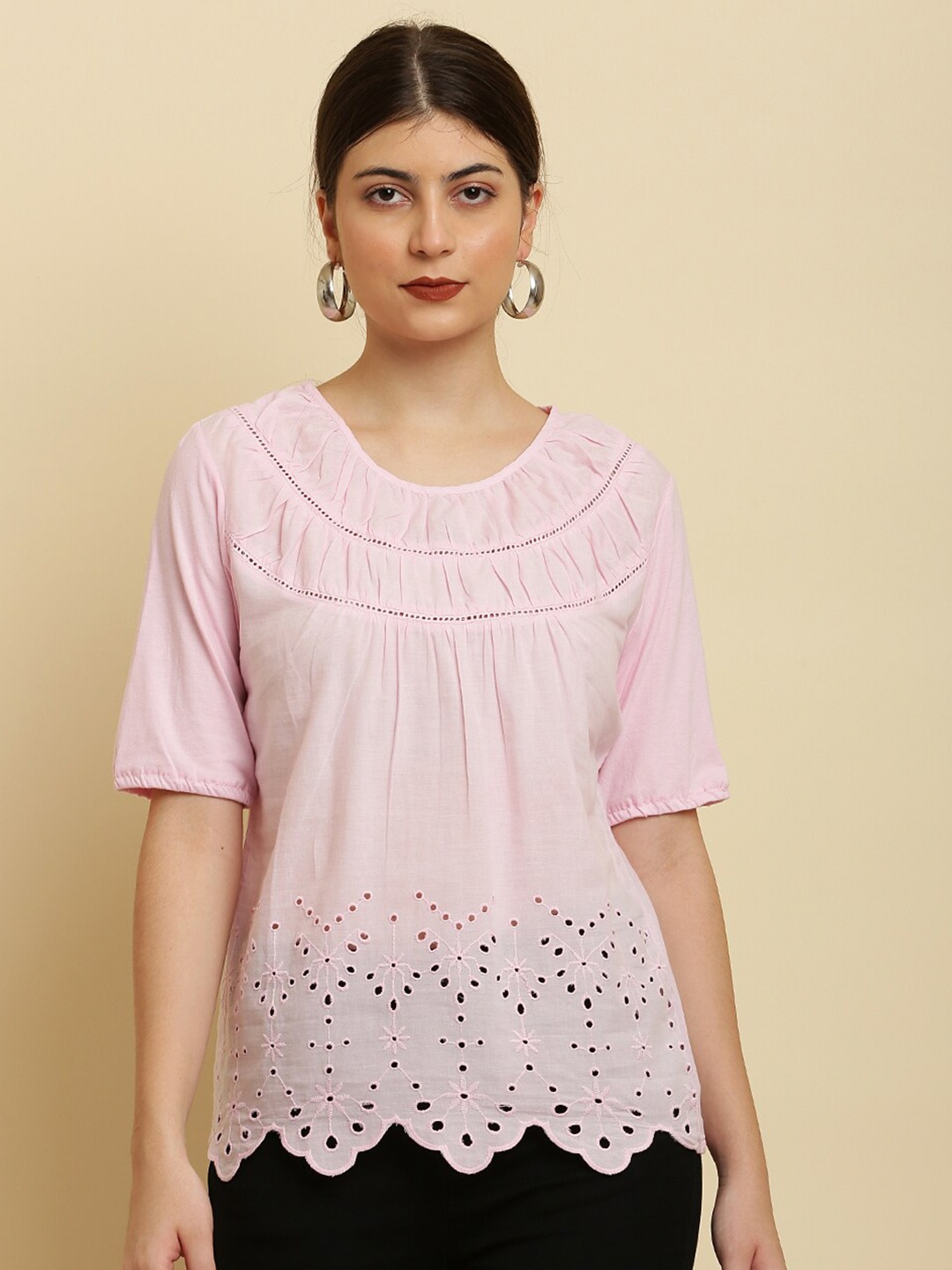 

HERE&NOW Schiffli Cotton Regular Top, Pink