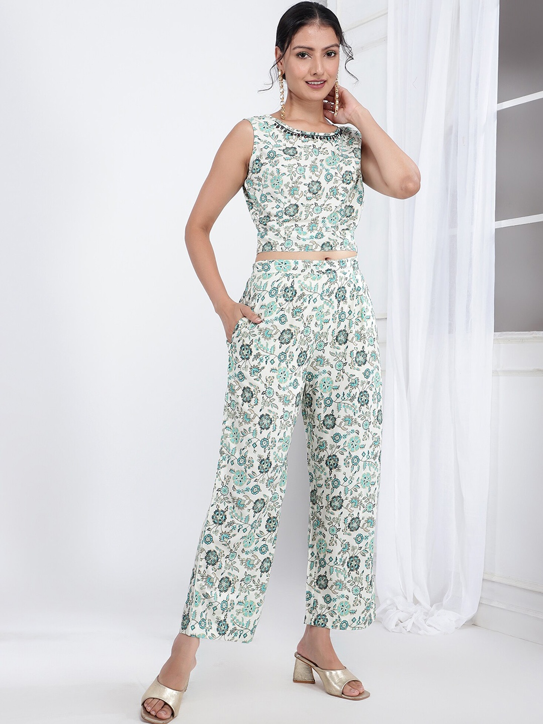 

Bani Women Floral Printed Top & Trousers With Shrug, White