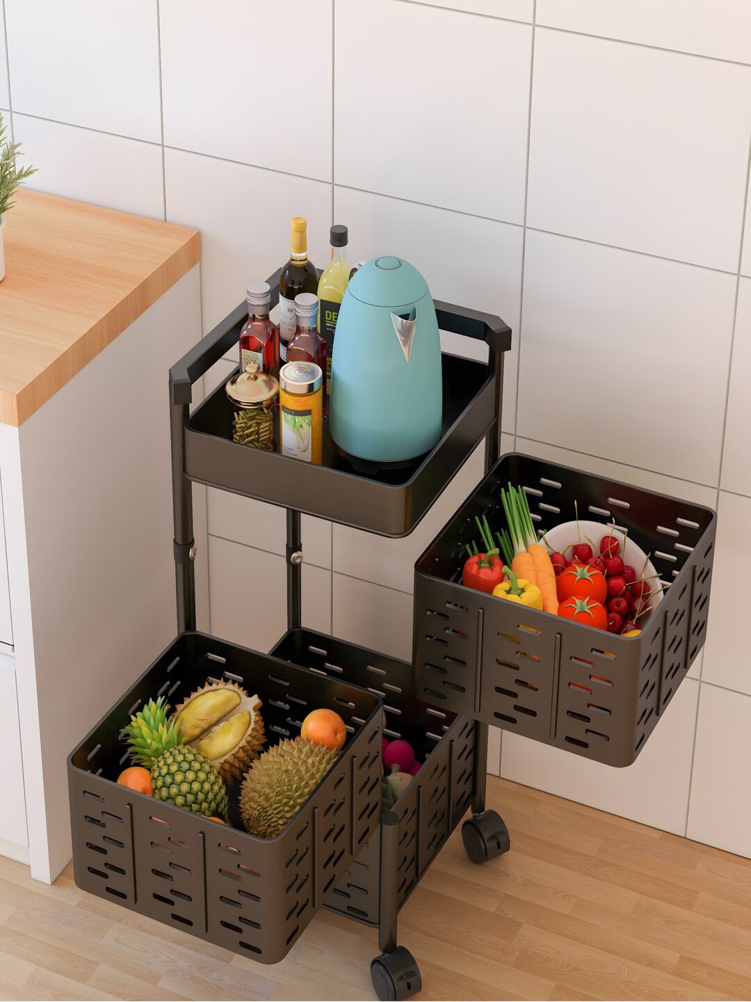 

Kuber Industries Black 3-Layer Square Kitchen Trolley with 360 Rotation