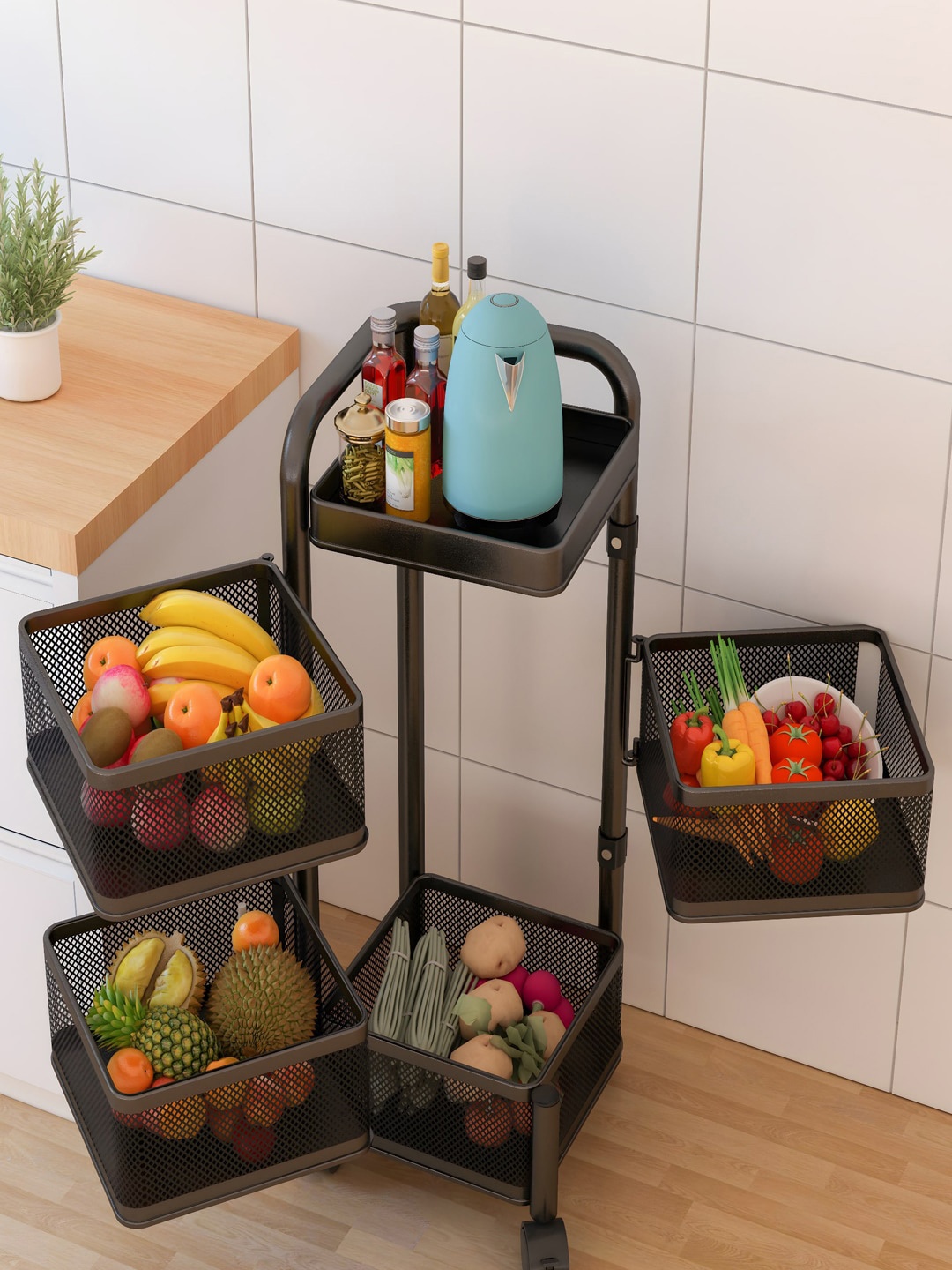 

Kuber Industries Black 4-Layer Fruit & Vegetable Basket With 360 Rotation