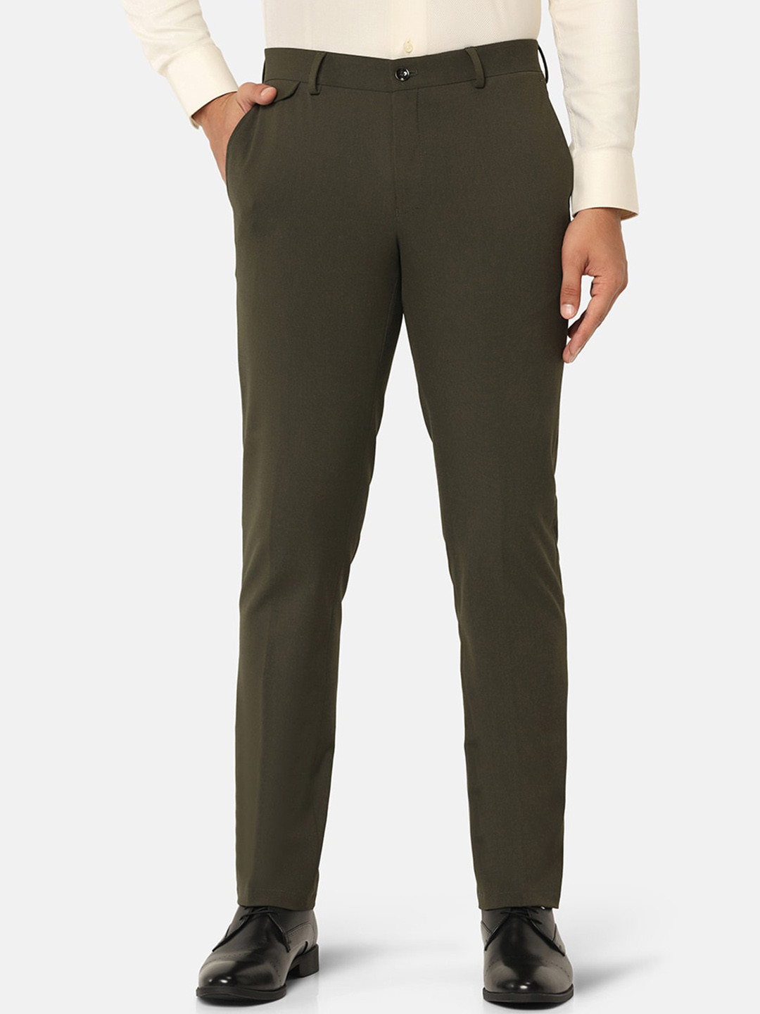 

Blackberrys Men B-91 Slim Fit Easy Wash Mid Rise Formal Trousers, Olive