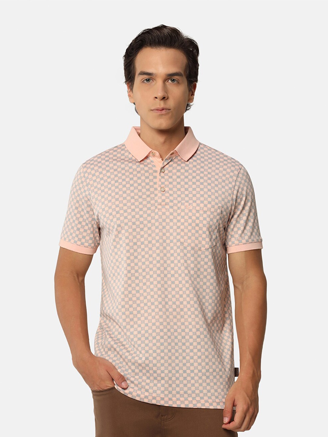 

Blackberrys Polo Collar Geometric Printed Pocket Self Design Slim Fit Cotton T-Shirt, Peach