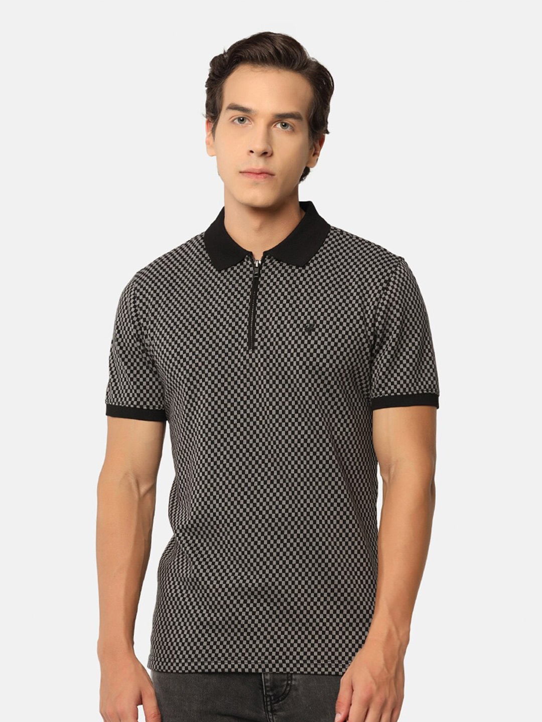 

Blackberrys Polo Collar Geometric Printed Pocket Self Design Slim Fit Cotton T-Shirt, Black