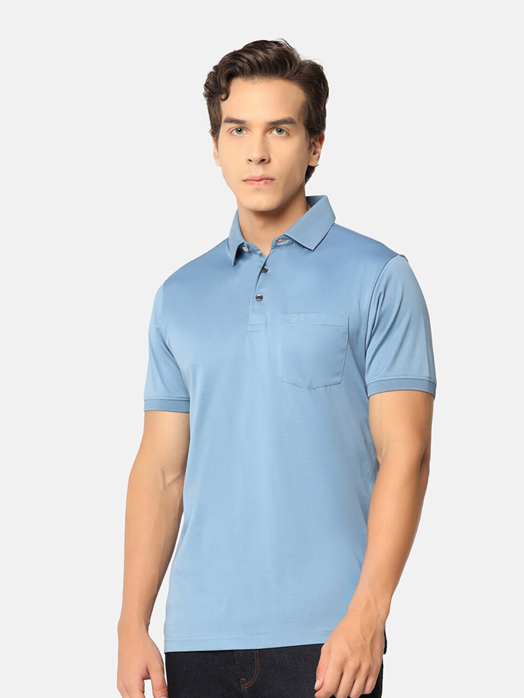 

Blackberrys Polo Collar Geometric Printed Pocket Self Design Slim Fit Cotton T-Shirt, Blue