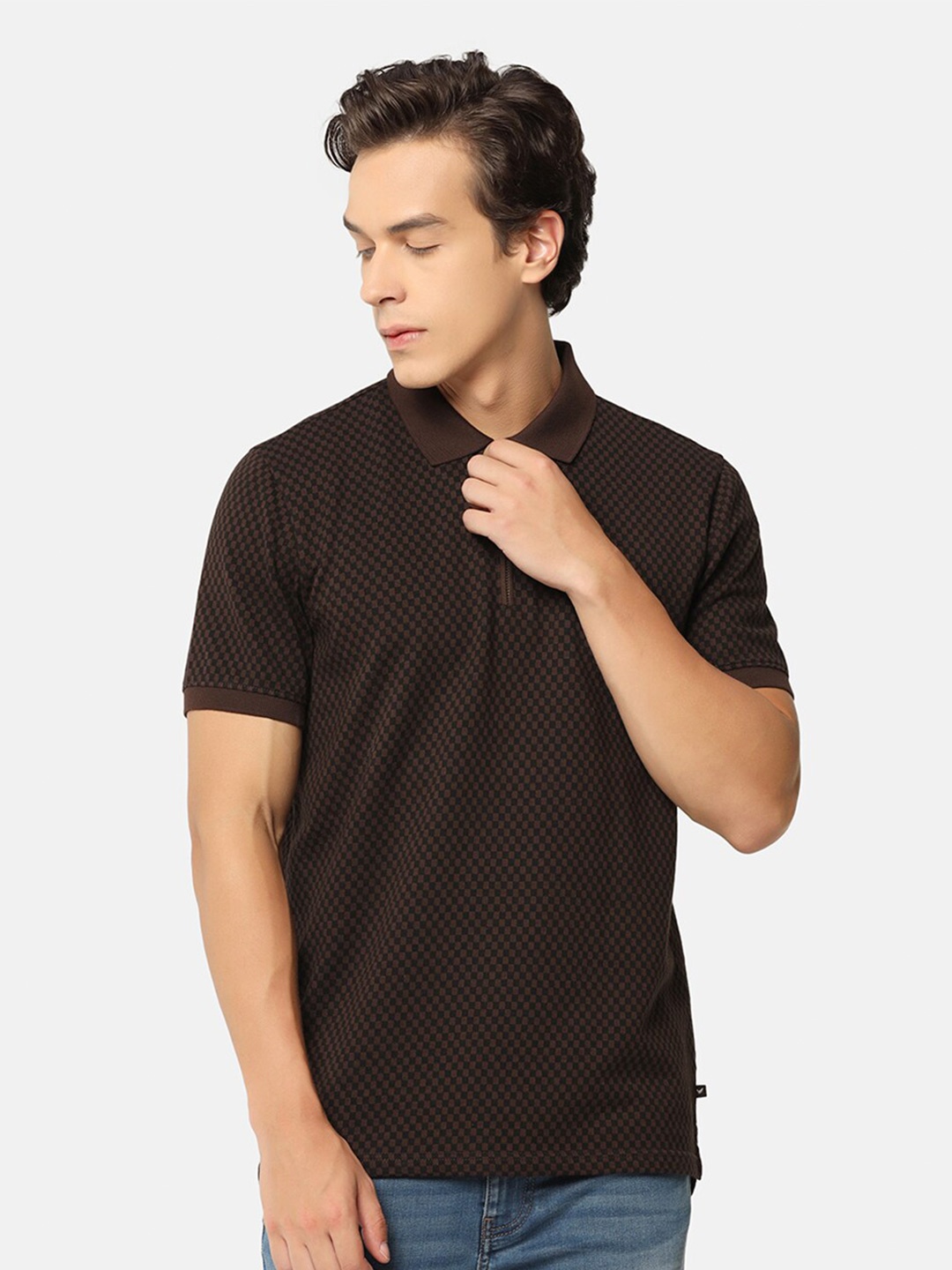 

Blackberrys Polo Collar Geometric Printed Pocket Self Design Slim Fit Cotton T-Shirt, Brown