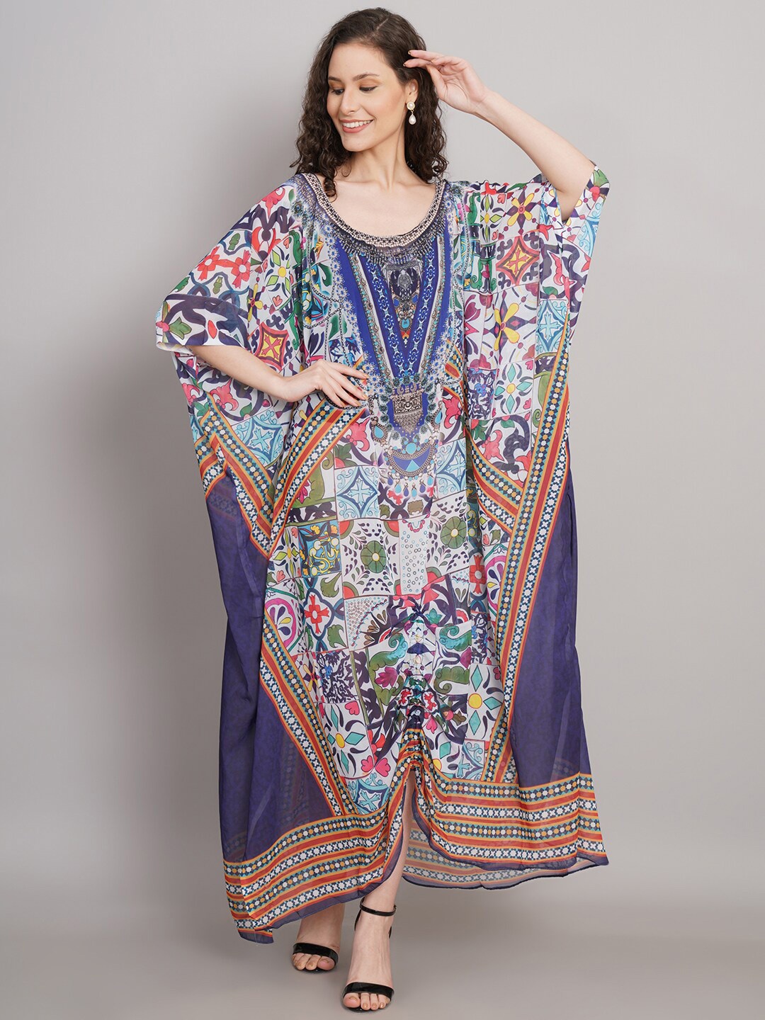 

Rajoria Instyle Ethnic Motifs Printed Kimono Sleeves Kaftan Midi Dress, Blue
