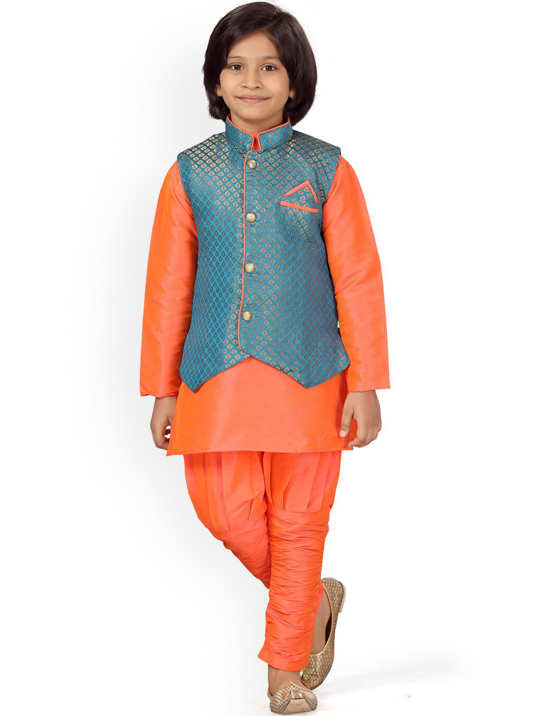 

Aarika Boys Band Collar Pure Cotton Straight Kurta & Churidar With Nehru jacket, Orange