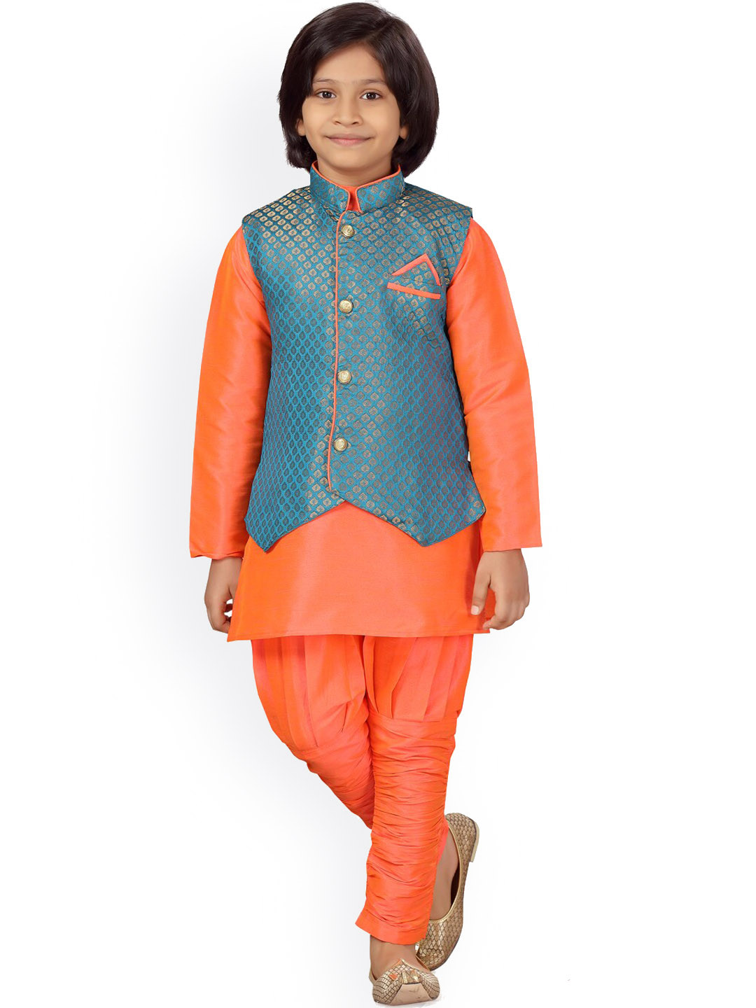 

Aarika Boys Mandarin Collar Straight Pure Cotton Kurta With Trouser & Nehru Jacket, Orange