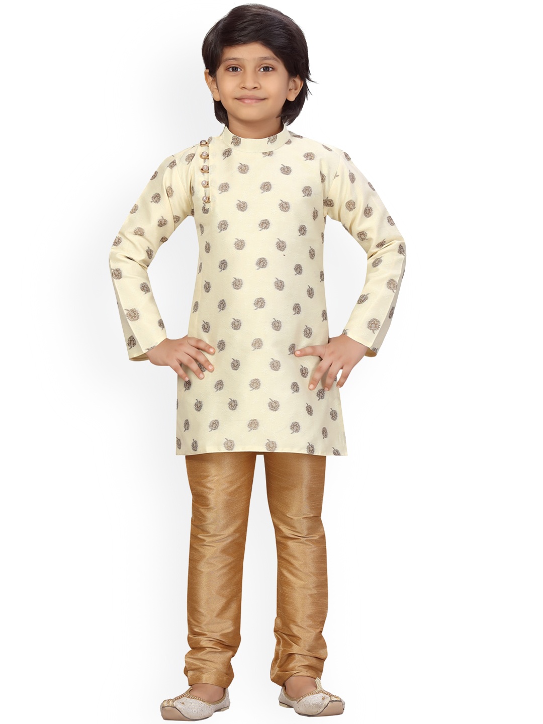 

Aarika Boys Mandarin Collar Woven Design Pure Cotton Kurta With Churidar, Cream