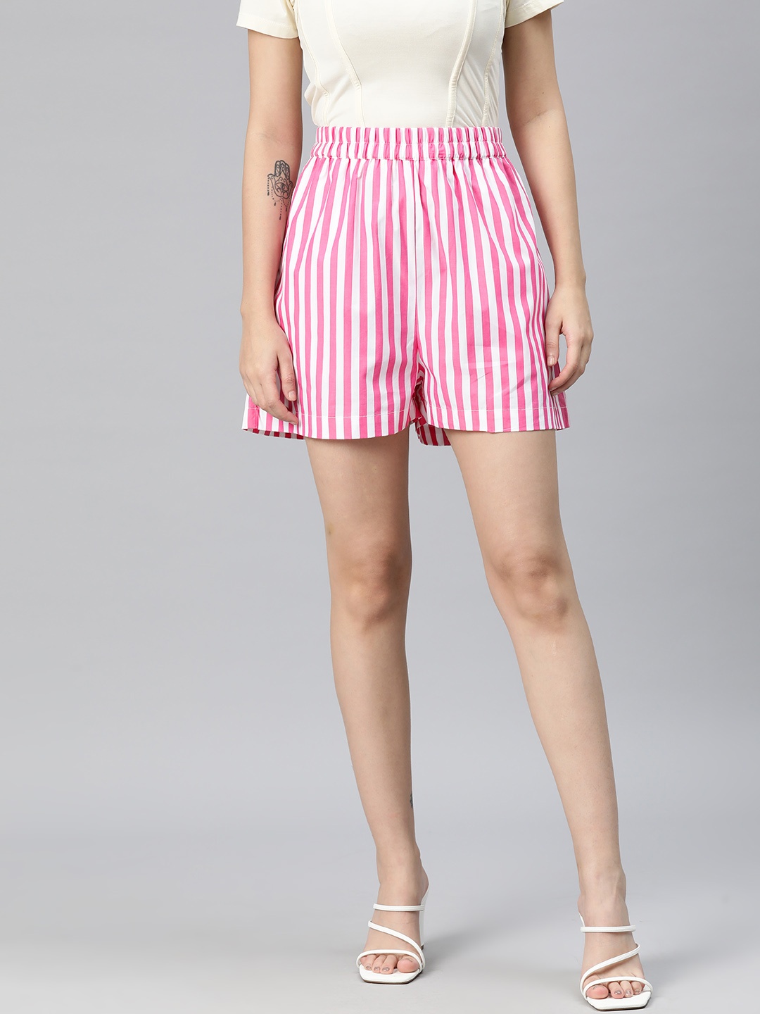 

VARUSHKA Women Striped Loose Fit Shorts, Pink