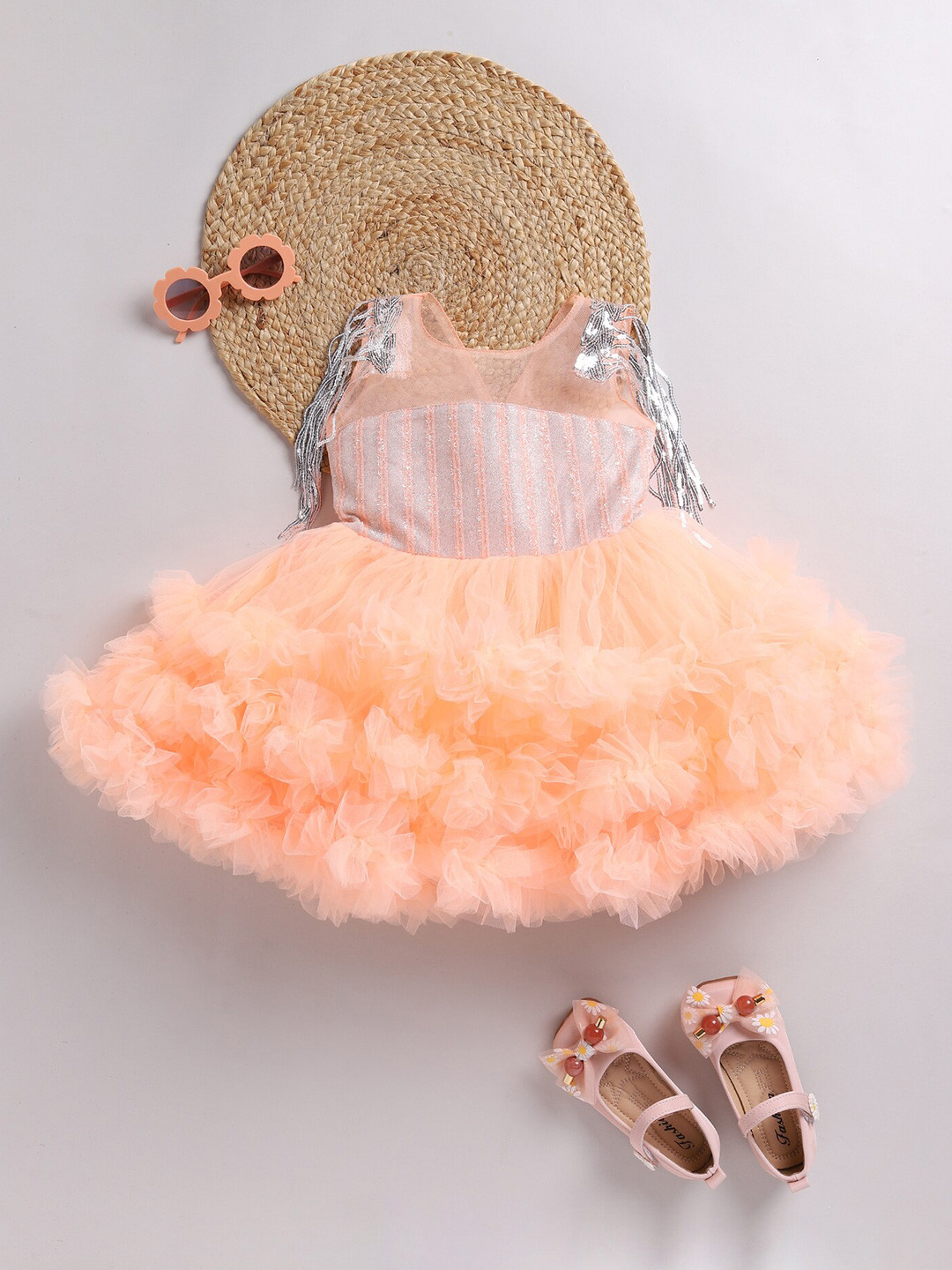 

SmartRAHO Girls Self Design Embellished Ruffled & Layered Net Tulle Fit & Flare Dress, Orange