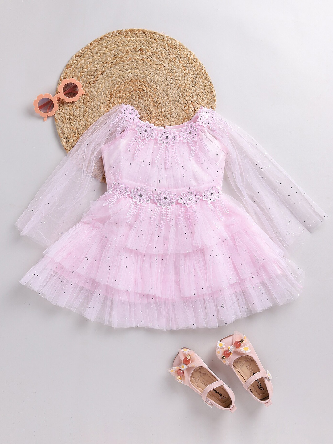 

SmartRAHO Girls Self Design Flared Sleeve Lace Up Layered Net Tulle Fit & Flare Dress, Pink