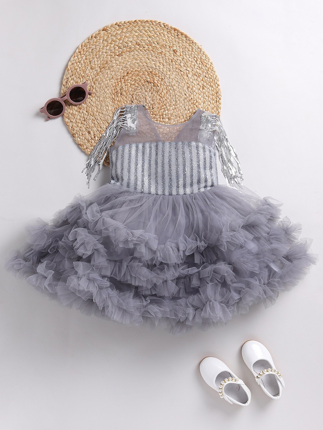 

SmartRAHO Girls Embellished Net Fit & Flare Dress, Grey