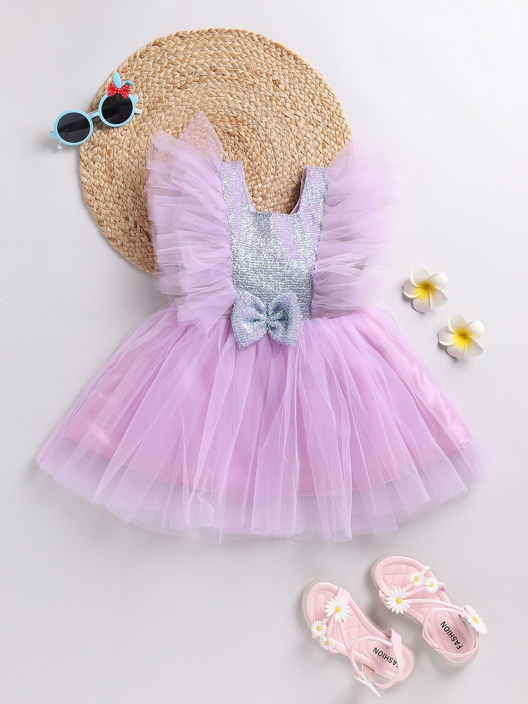 

SmartRAHO Girls Embellished Bow Net Fit & Flare Dress, Purple