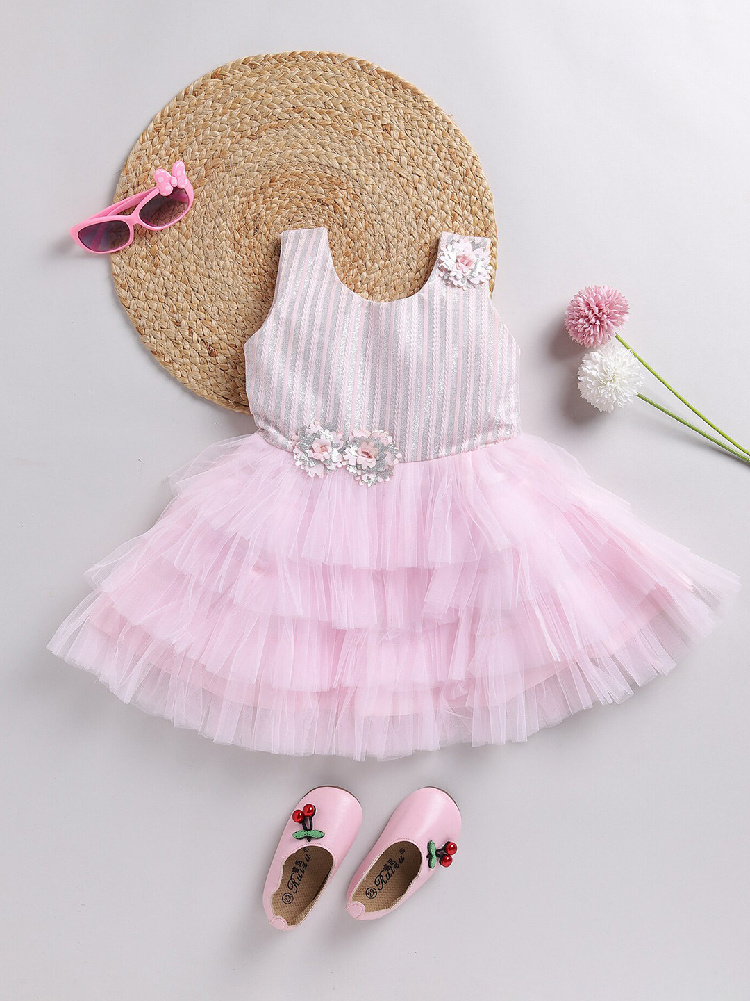 

SmartRAHO Girls Embellished Net Fit & Flare Dress, Pink
