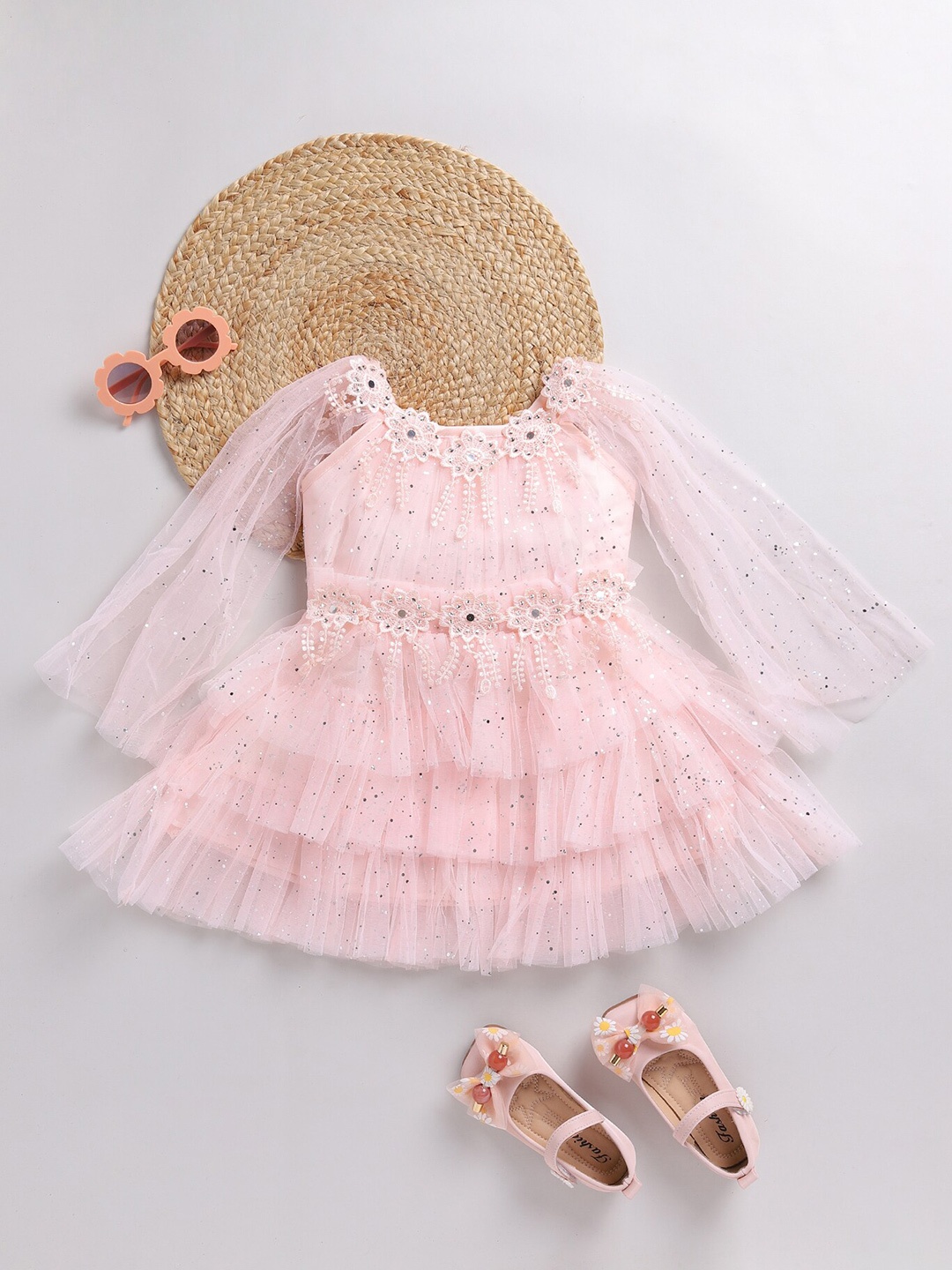 

SmartRAHO Girls Embellished Net Fit & Flare Dress, Pink