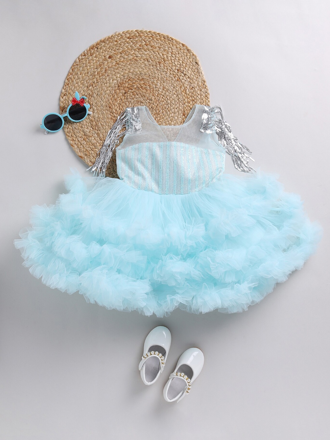 

SmartRAHO Girls Embellished Net Fit & Flare Dress, Blue
