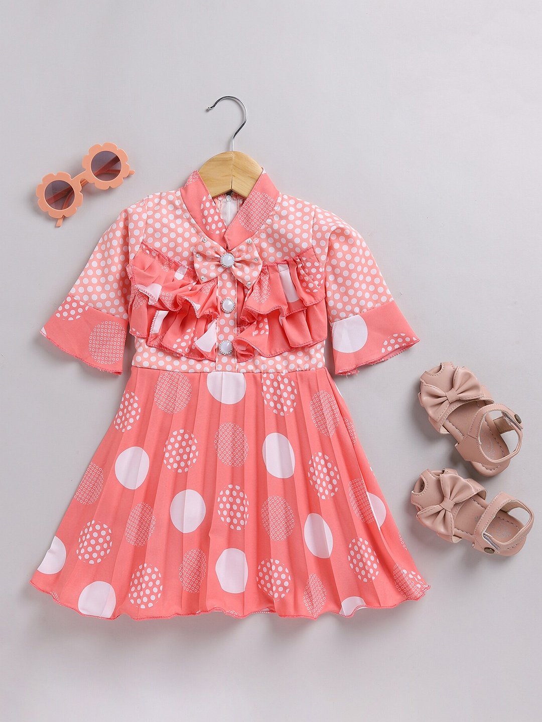 

SmartRAHO Girls Polka Dot Printed Bell Sleeve Bow Ruffled Fit & Flare Dress, Red