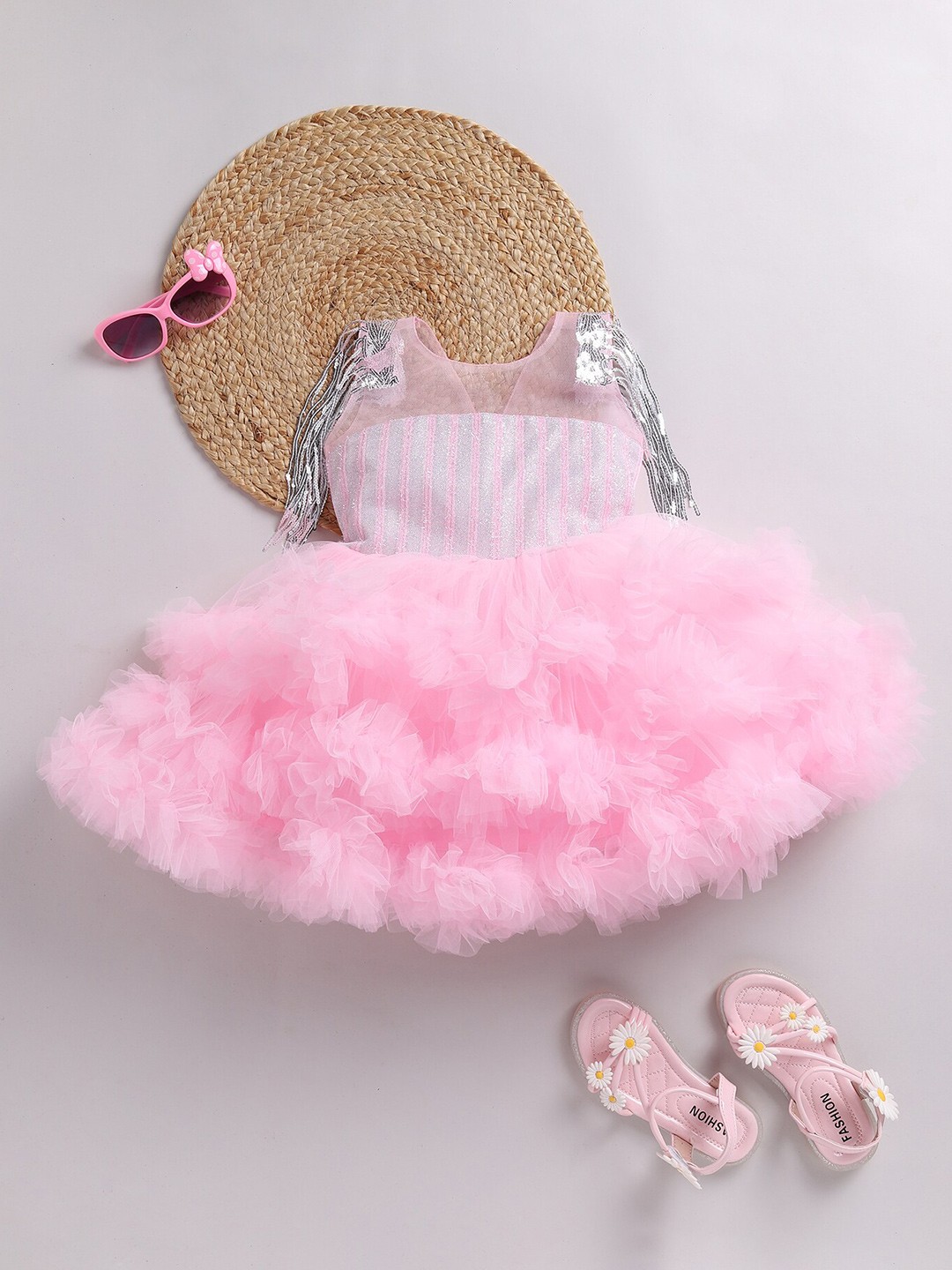 

SmartRAHO Girls Embellished Net Fit & Flare Dress, Pink