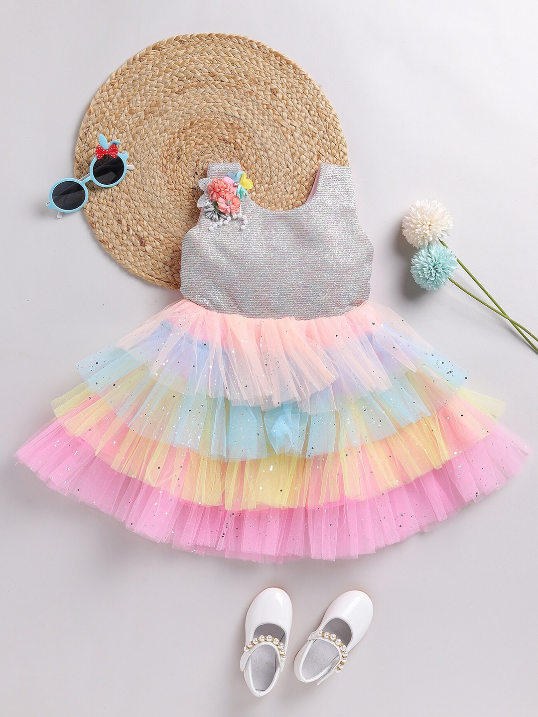 

SmartRAHO Girls Self Design Embellished & Layered Tulle Net Fit & Flare Dress, Blue