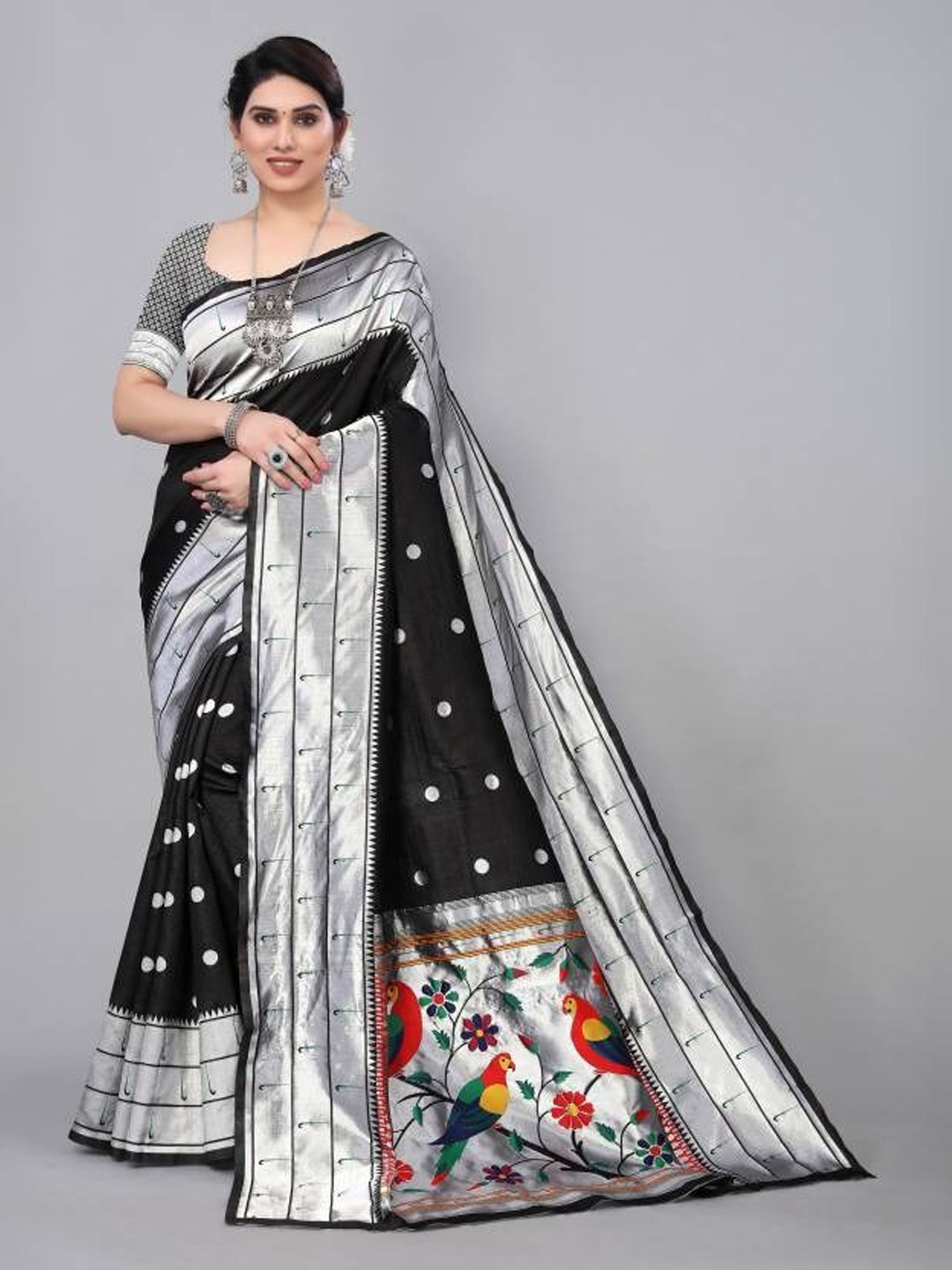 

KALINI Geometric Woven Design Zari Art Silk Paithani Saree, Black