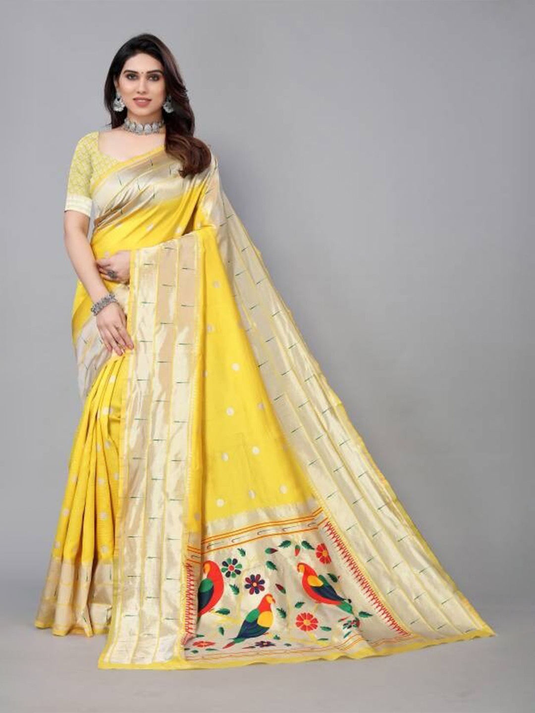 

KALINI Geometric Woven Design Zari Art Silk Paithani Saree, Yellow