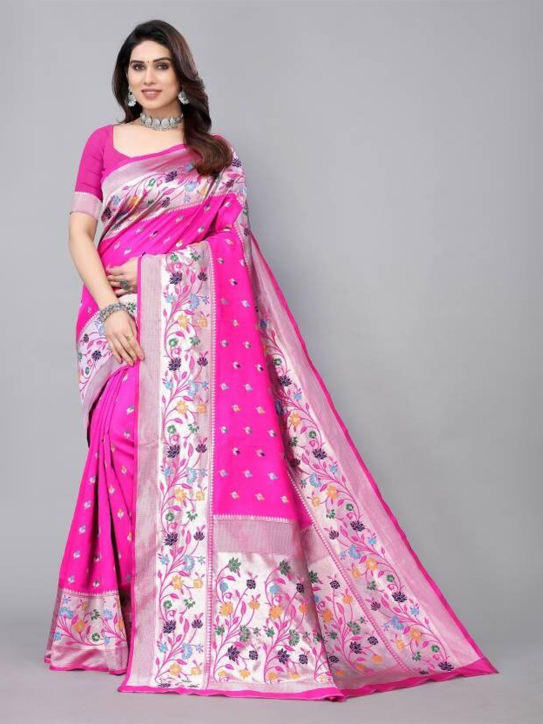 

KALINI Floral Woven Design Zari Art Silk Paithani Saree, Pink