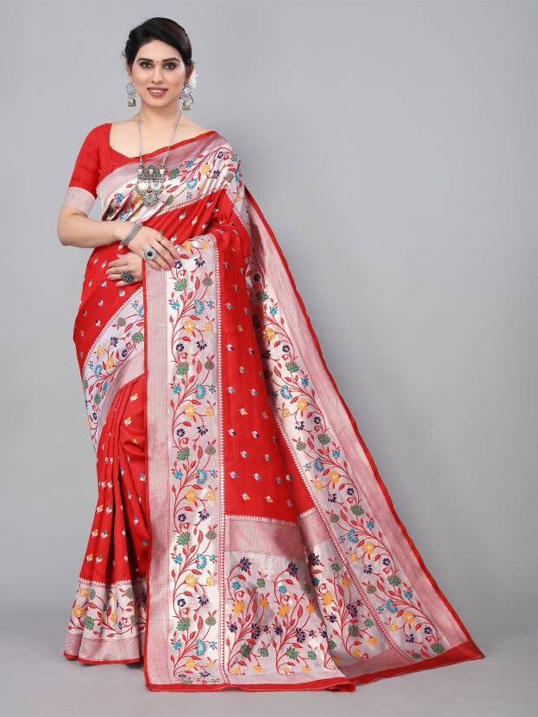 

KALINI Floral Woven Design Zari Art Silk Paithani Saree, Red