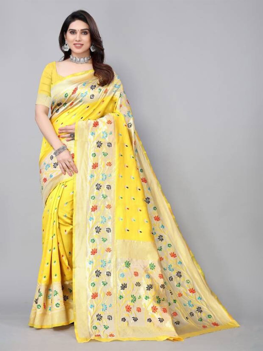

KALINI Floral Woven Design Zari Art Silk Paithani Saree, Yellow