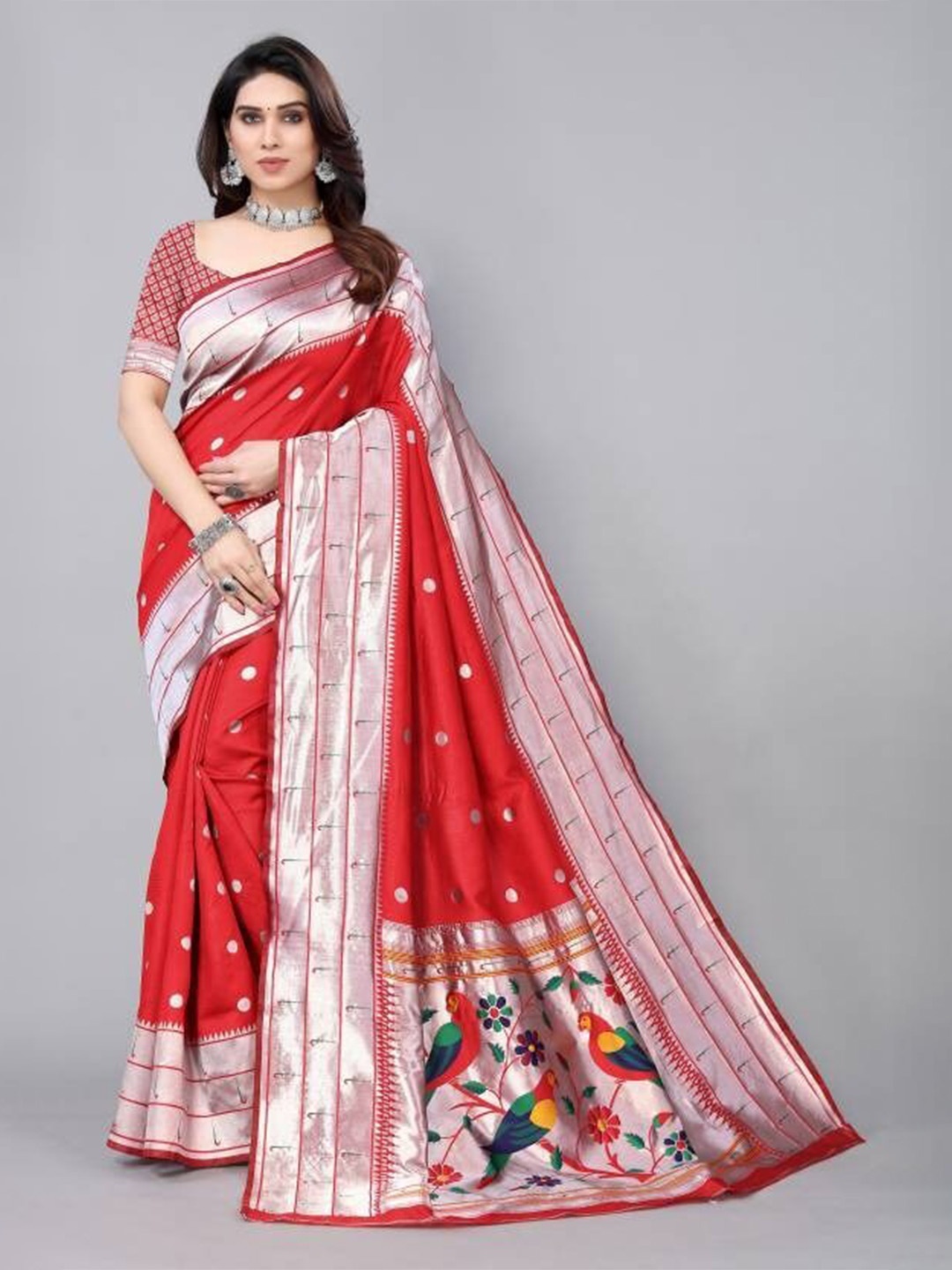 

KALINI Polka Dot Woven Design Zari Paithani Saree, Red