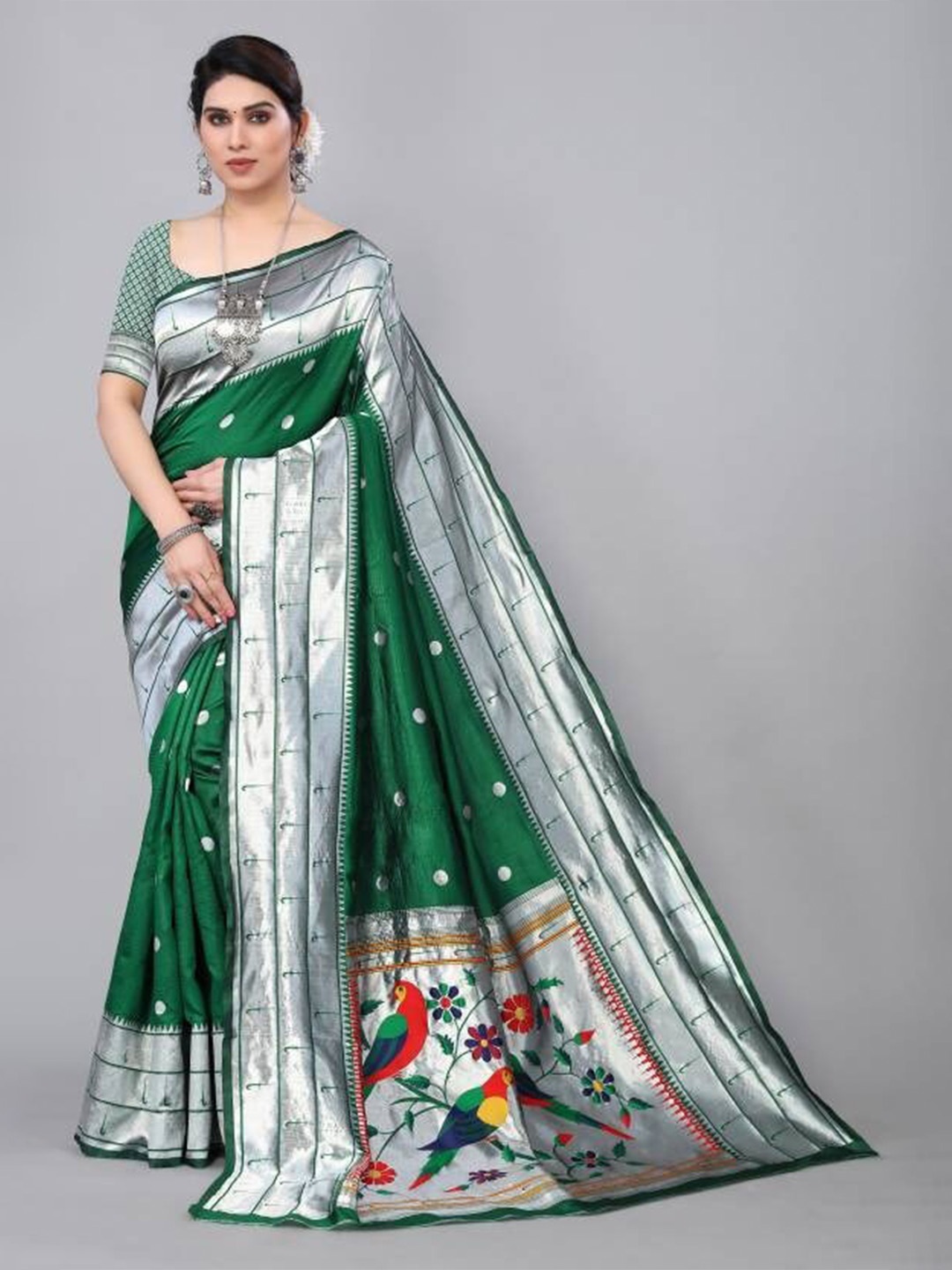 

KALINI Polka Dot Woven Design Zari Paithani Saree, Green