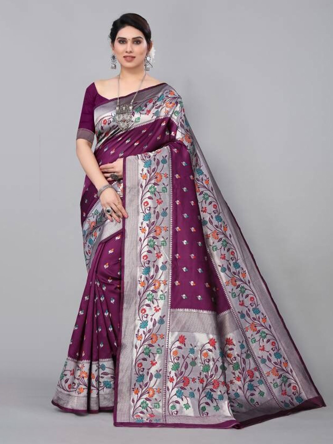 

KALINI Floral Woven Design Zari Paithani Saree, Purple