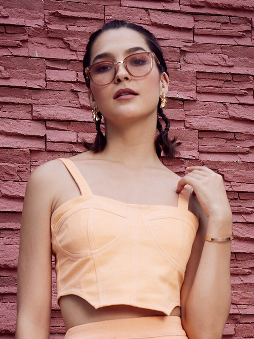 

Athena Sleeveless Denim Crop Top, Peach
